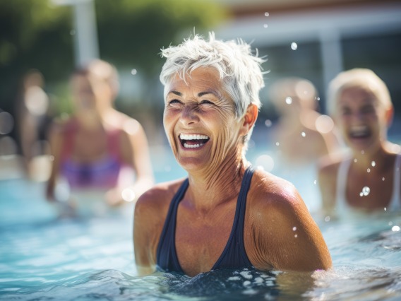 woman with gray hair smiling in a pool