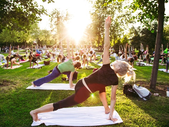 many people practicing yoga in a park