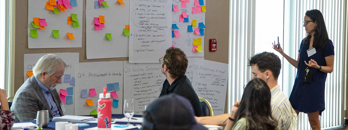 Melissa Furlong (standing)  facilitates brainstorming session with Dr. Dan Derksen (left) and Co-PI Joe Hoover (center)