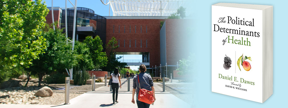 Photo of Drachman hall and graphic of book cover